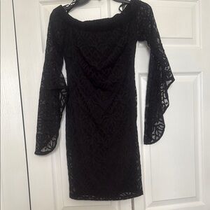 Bebe Black Sheath Dress Asymmetrical Bell Sleeves